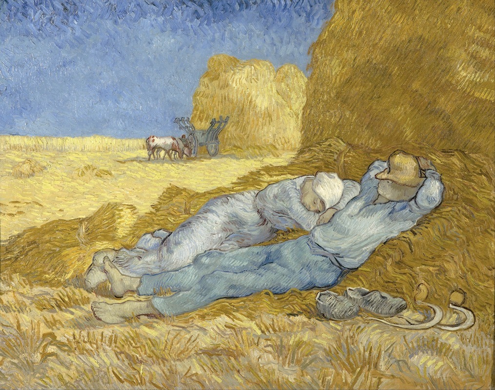 Vincent van Gogh's 'The Siesta' depicts a serene moment of rest in a rural setting.