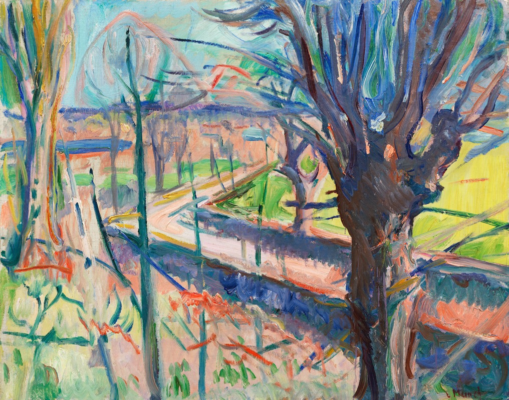 A vibrant landscape painting by Edvard Munch depicting spring on Jeløya.