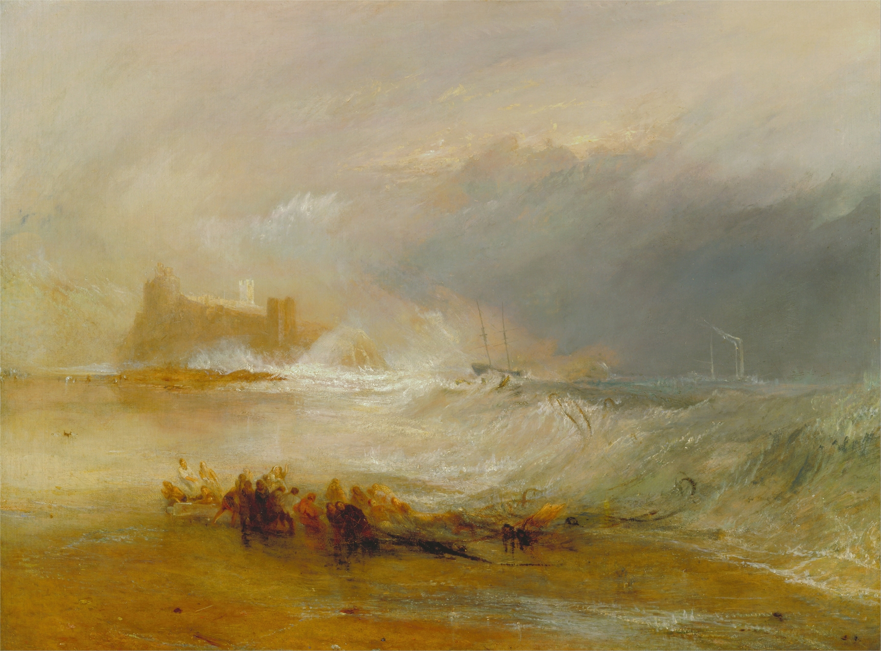Wreckers — Coast of Northumberland, with a Steam-Boat Assisting a Ship off Shore, by Joseph Mallord William Turner, public domain
