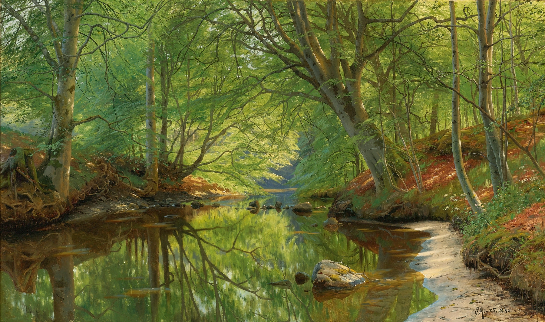 Forest Stream by Peder Mørk Mønsted, oil on canvas depicting a tranquil stream flowing through a forest.