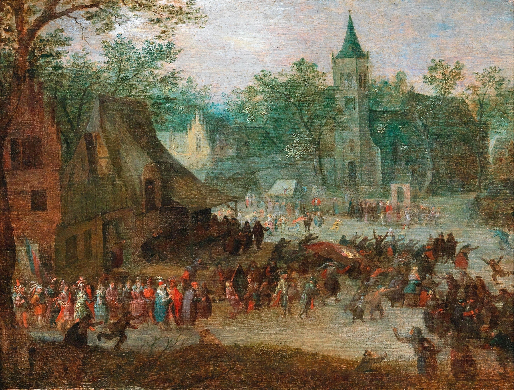 A village kermis by David Vinckboons, oil on panel, depicting a lively festival scene with dancing figures.