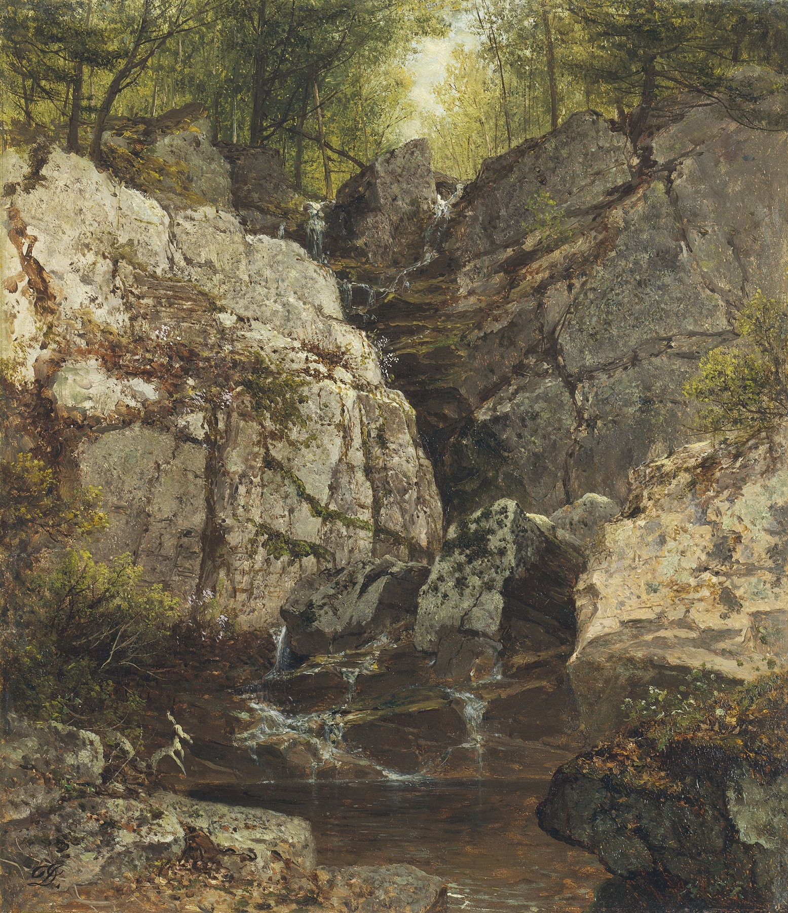 Cascade, Rockland County, New York by David Johnson, oil painting depicting a waterfall in a forest.