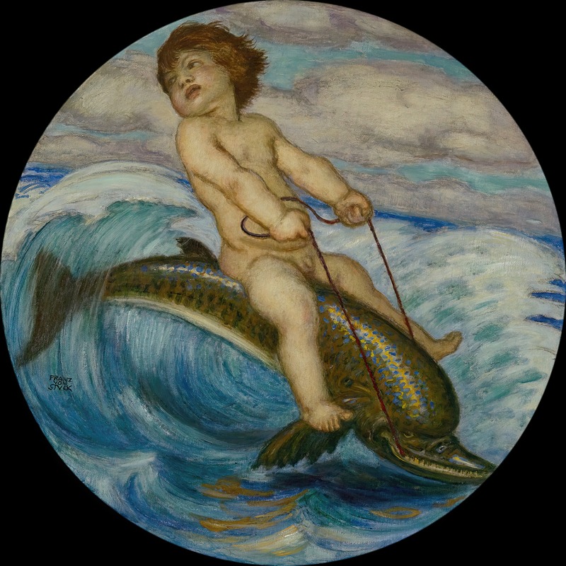Franz von Stuck's painting depicts Erote riding a dolphin, blending mythological themes with a dynamic composition.