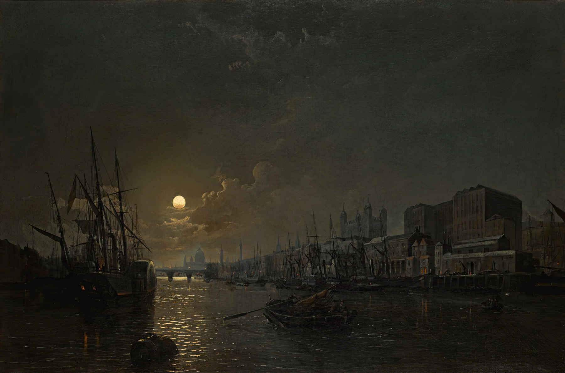 Port Of London by Henry Pether, depicting a serene marine scene with boats on the river.