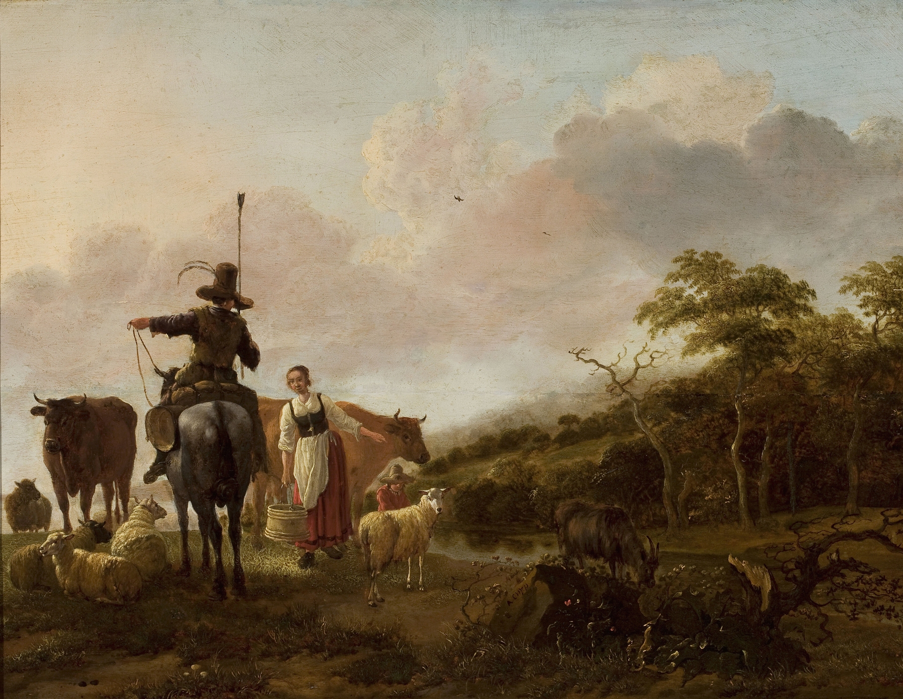 Pastoral landscape by Jan Baptist Wolfaerts, oil on canvas depicting a stream and hills
