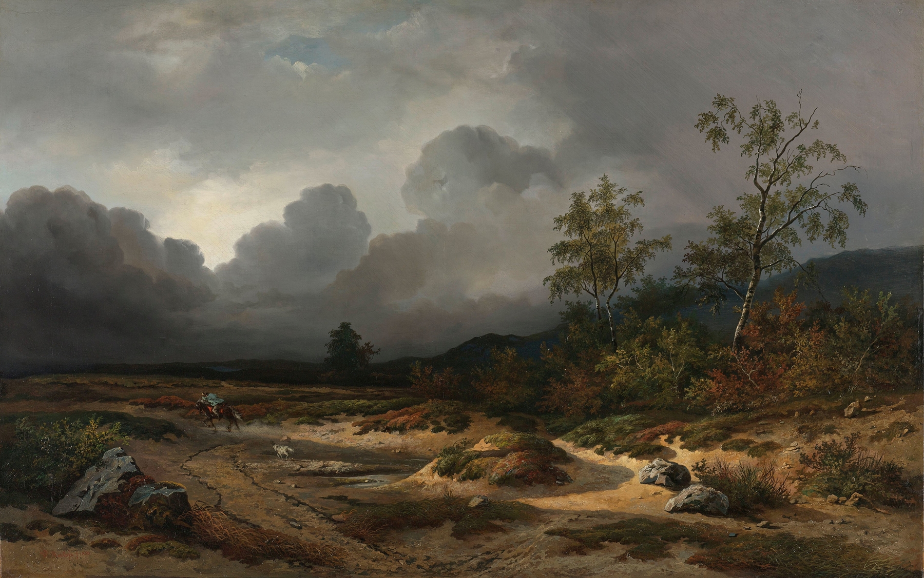 Landscape with a Thunderstorm Brewing, oil on canvas by Willem Roelofs, featuring dark clouds over rolling hills.