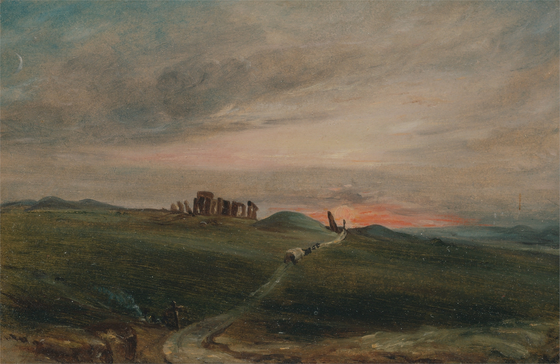 Stonehenge at Sunset by John Constable, oil painting depicting ancient stones under a sunset sky.