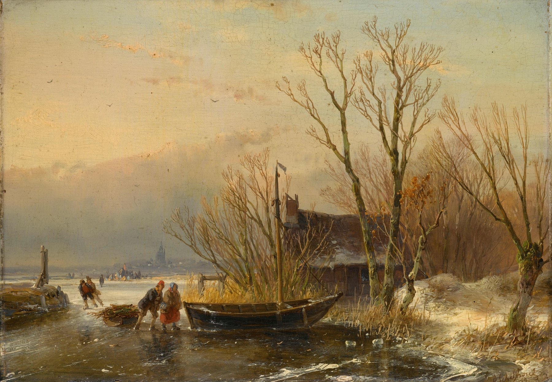 Winter Scene on the Ice with Wood Gatherers, by Andreas Schelfhout, public domain
