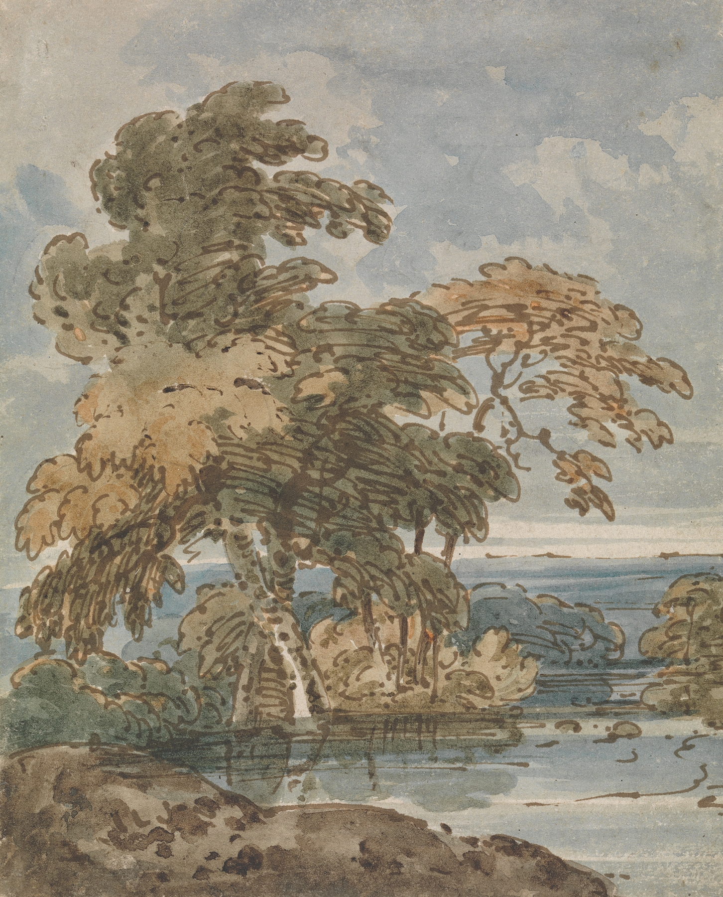 Trees by George Chinnery, oil painting depicting a tranquil river landscape.