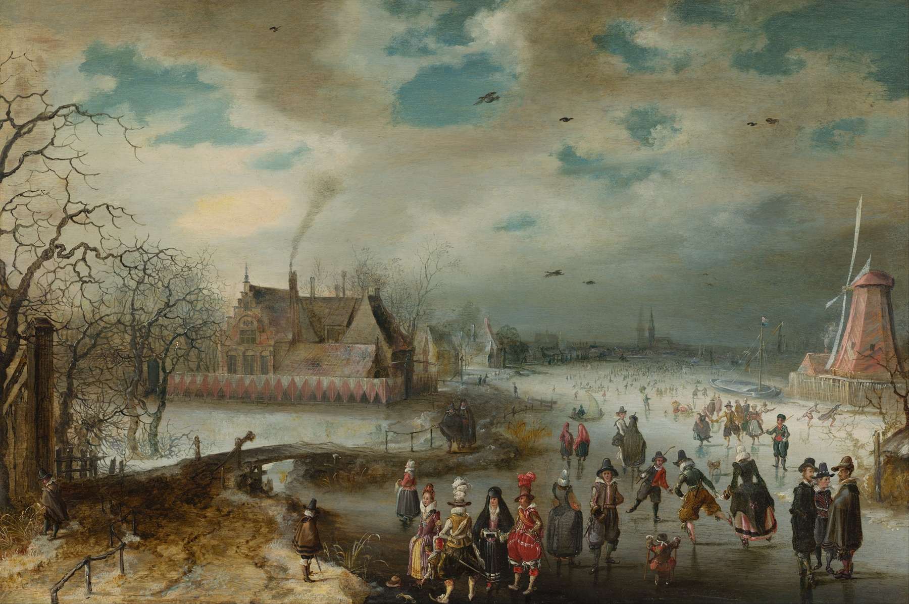 Skating on the Frozen Amstel River, oil painting by Adam van Breen showing skaters gliding on ice.