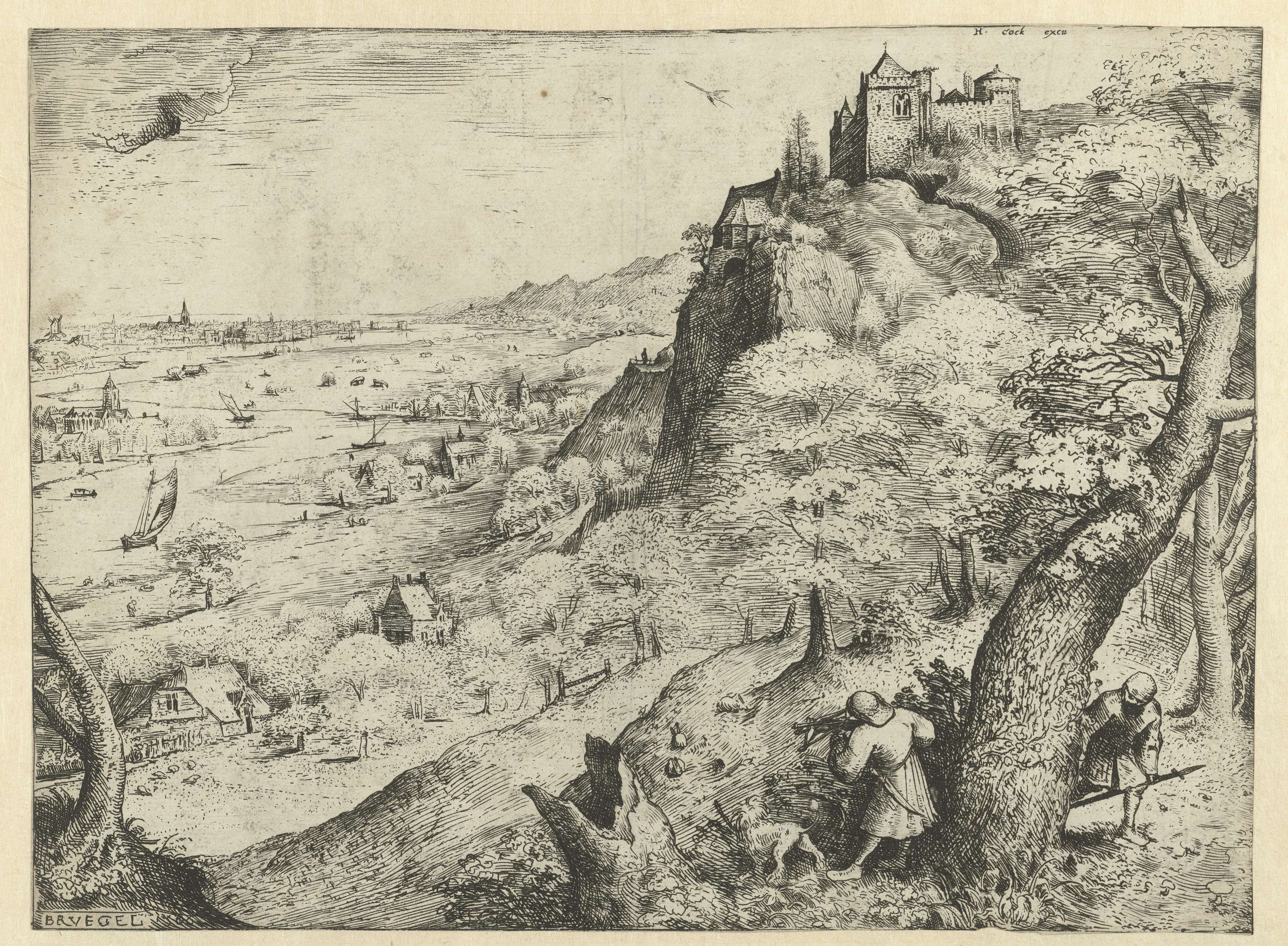 Landschap met konijnenjacht by Pieter Bruegel I, etching depicting hunters in a vibrant landscape.