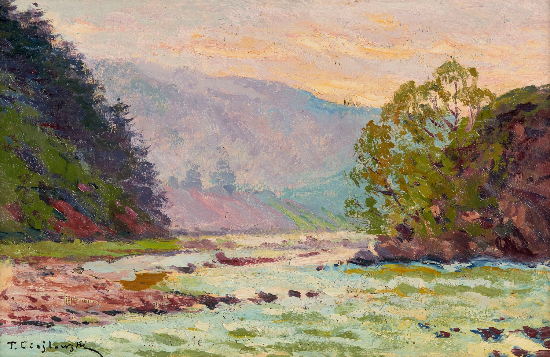 Mountainous landscape with a river, oil on canvas by Tadeusz Cieślewski