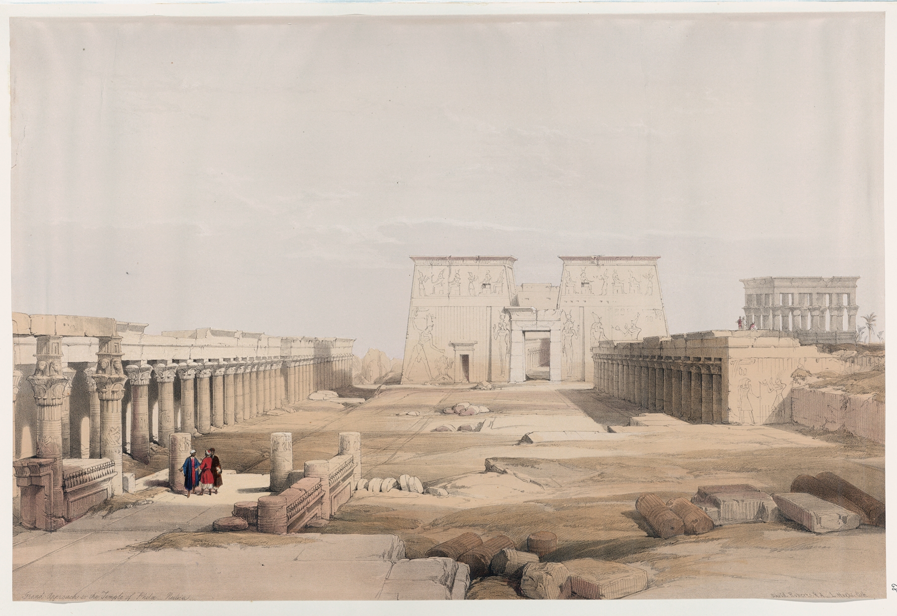 Oil painting by David Roberts depicting the Temple of Philæ illuminated by golden light