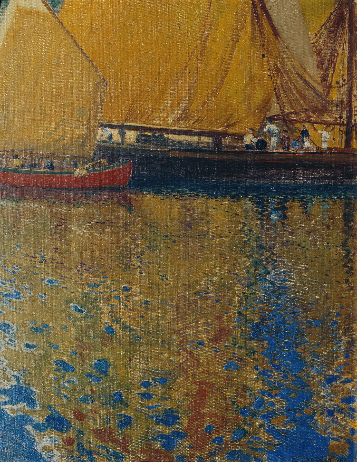 Marine scene with boats at sunrise, oil painting by Hans Wilt