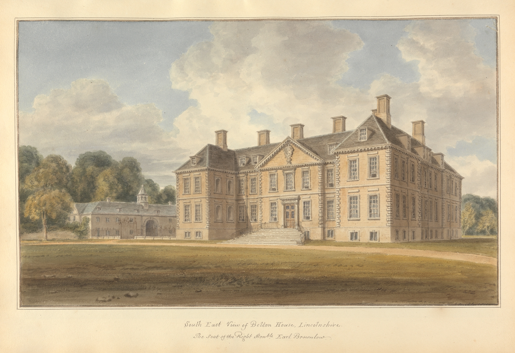 South East View of Belton House, watercolor on paper by John Buckler