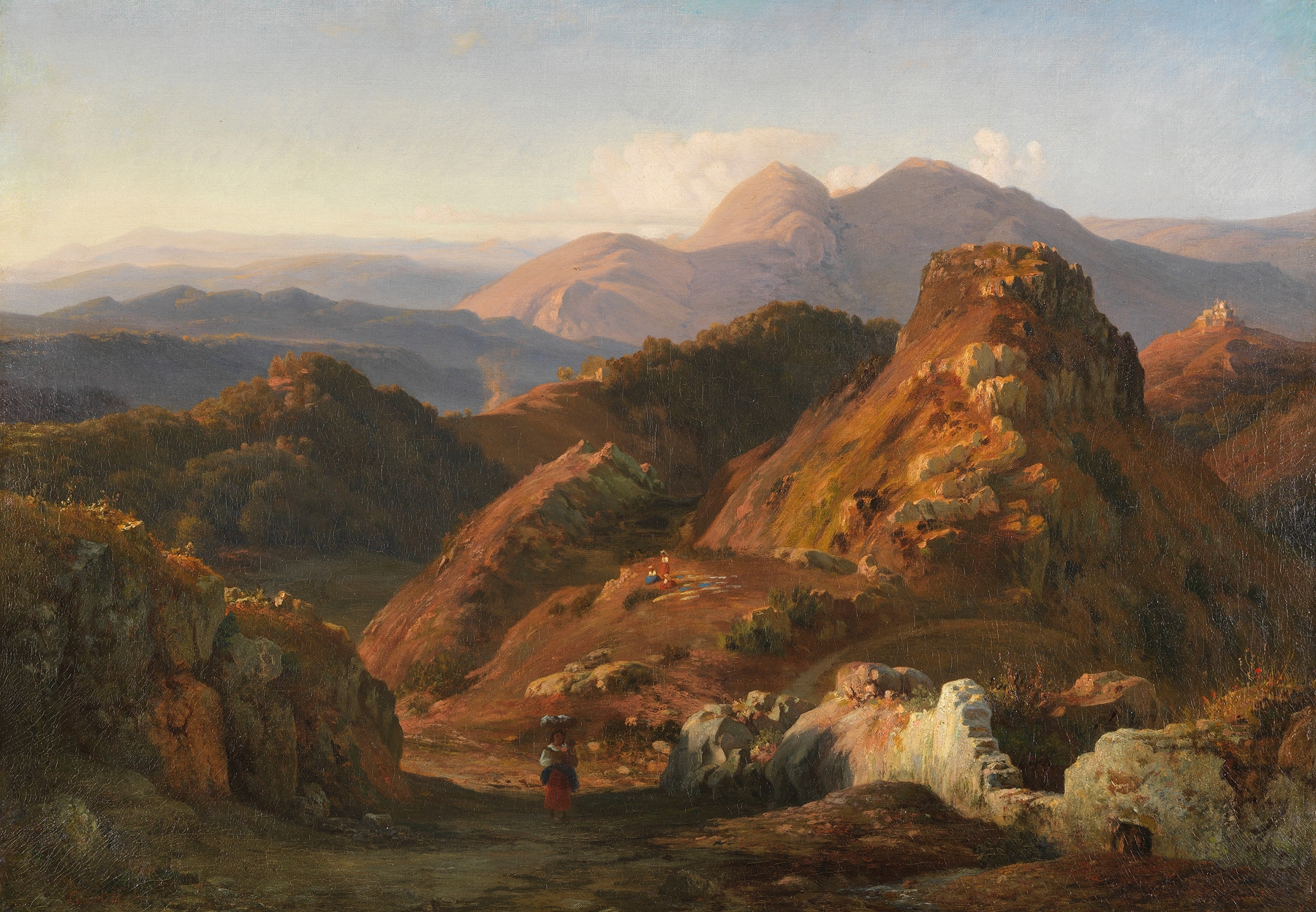 Twilight landscape with mountains, oil on canvas by Louis Gurlitt