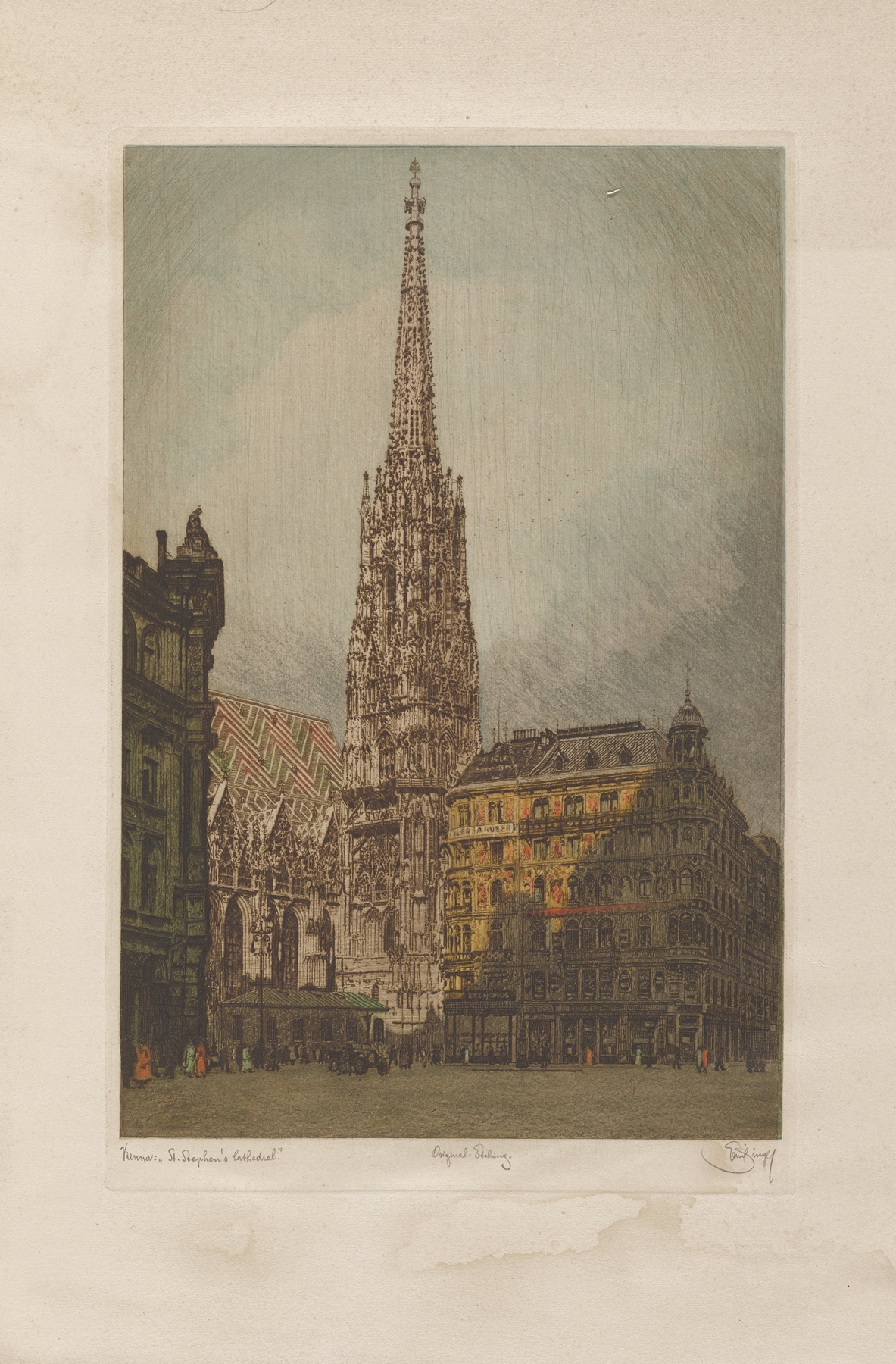 Vienna; St. Stephen’s Cathedral by Emil Singer, oil on canvas, featuring a cityscape with a prominent spire.