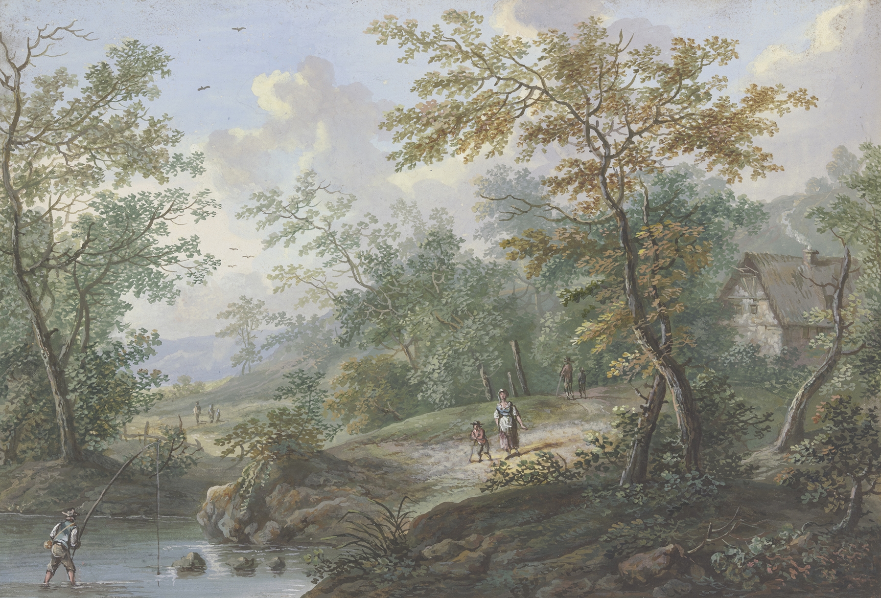 Landscape featuring a cabin surrounded by trees, oil painting by Johann Peter Neef