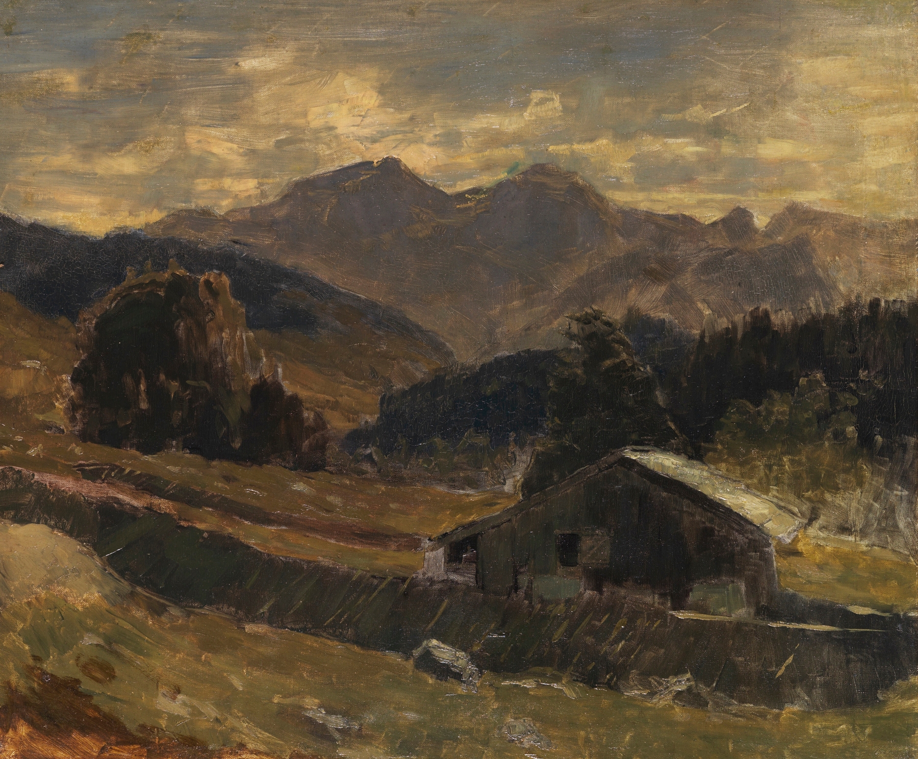 Oil painting by Carl Schuch depicting Hochkalter mountain with mist.