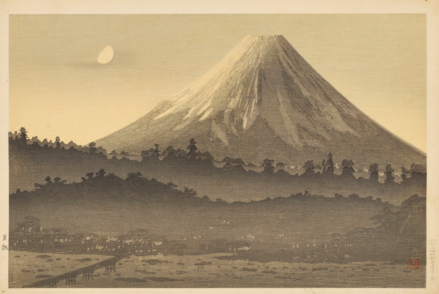 Ukiyo-e by Takahashi Hiroaki depicting Mount Fuji at dawn with a snow-capped peak
