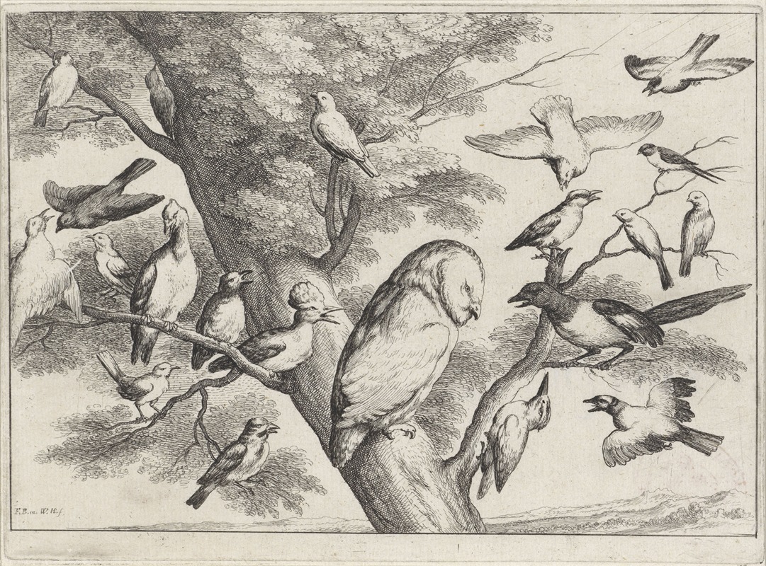 A barn owl is surrounded by various birds in a tree.