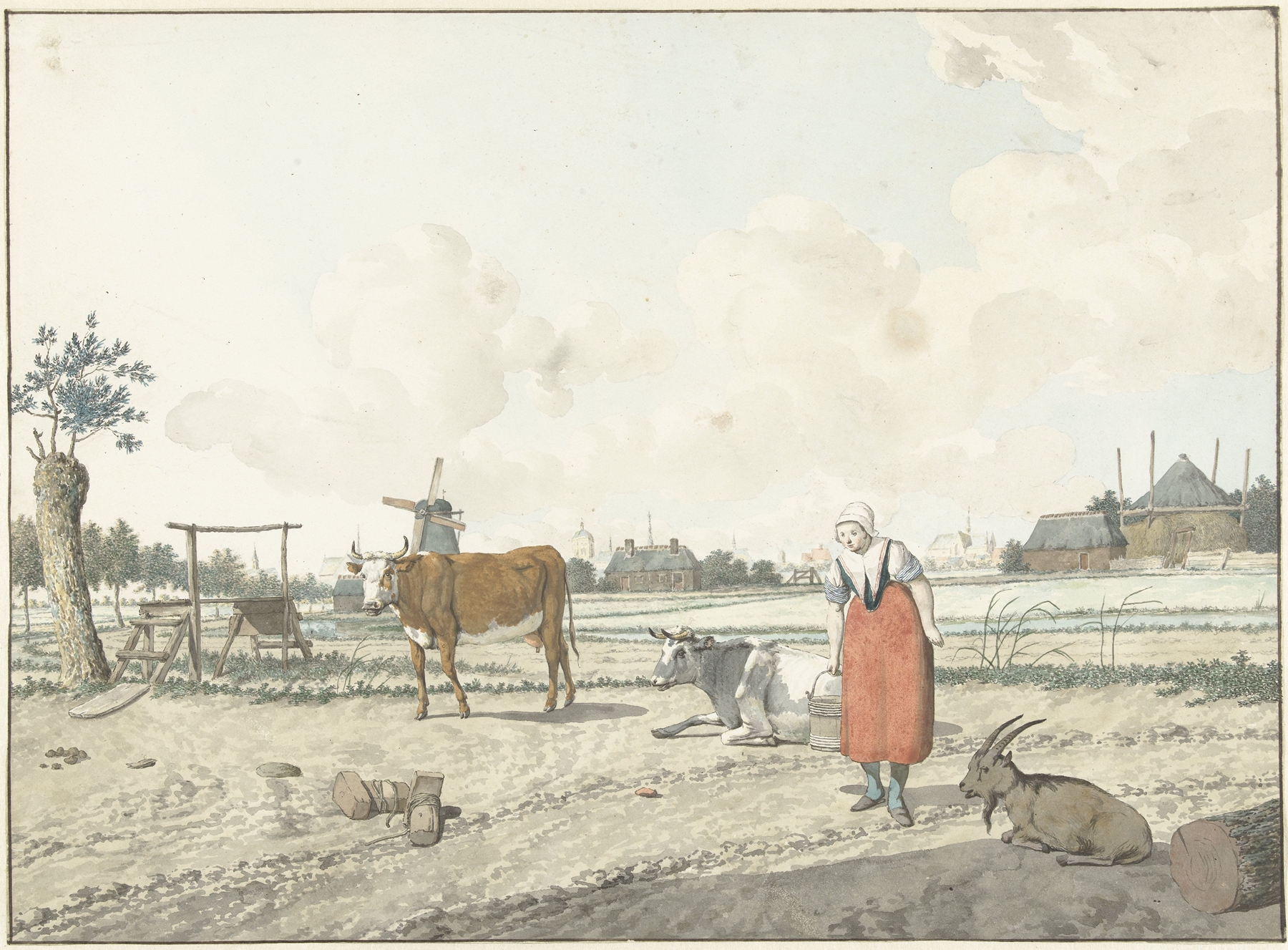 Landschap met boerin en vee by W. Barthautz, depicting a farmer with livestock in a pastoral landscape, oil painting.