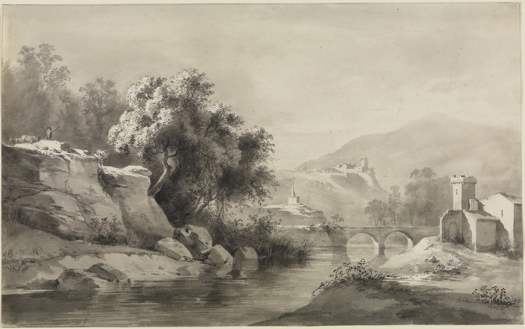 Flusslandschaft mit Doppelbogenbrücke und Kreuz by Jean-Jacques de Boissieu, landscape with a river and bridge