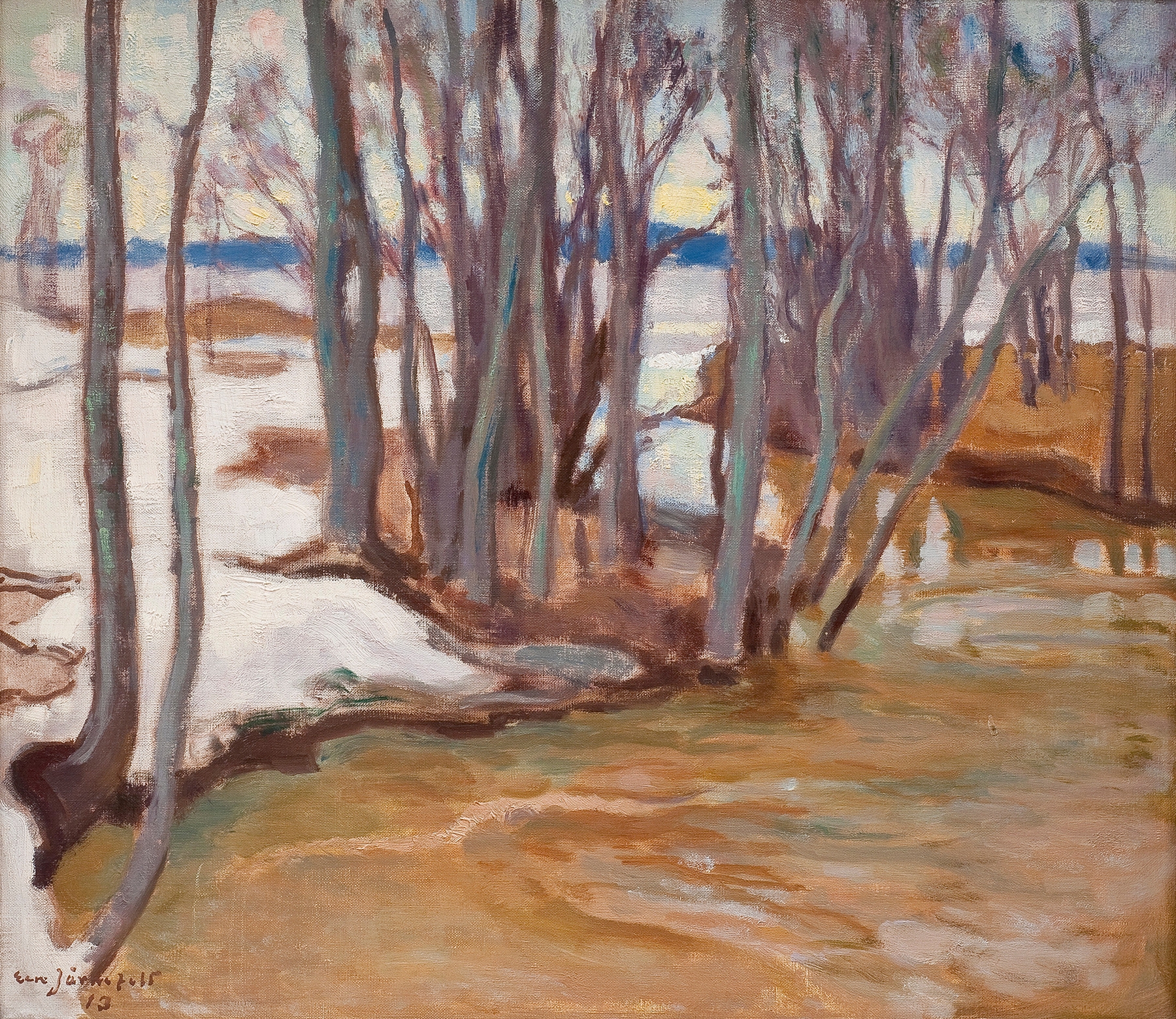 Spring Flooding in Tuusulanjärvi by Eero Järnefelt, oil painting of a serene landscape with trees and water.