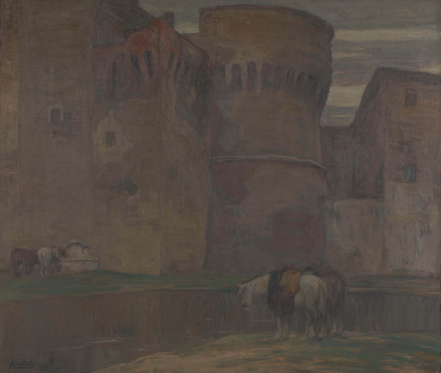 A Castle in Umbria by Ferruccio Scattola, oil on canvas depicting a castle surrounded by hills.