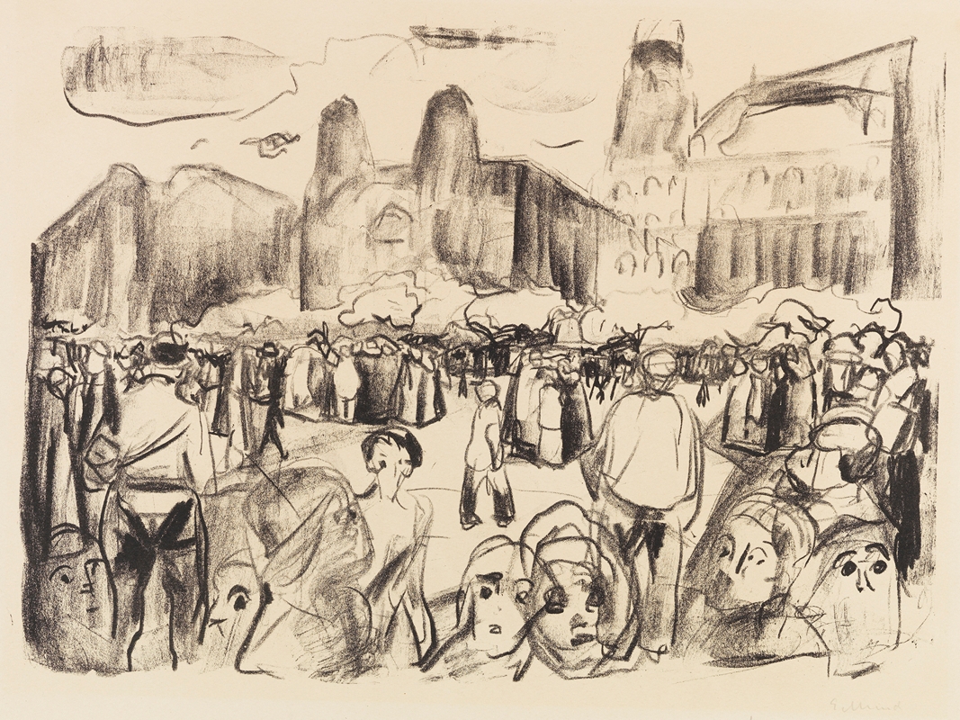 This painting depicts a bustling train station scene with dynamic figures and vivid colors.