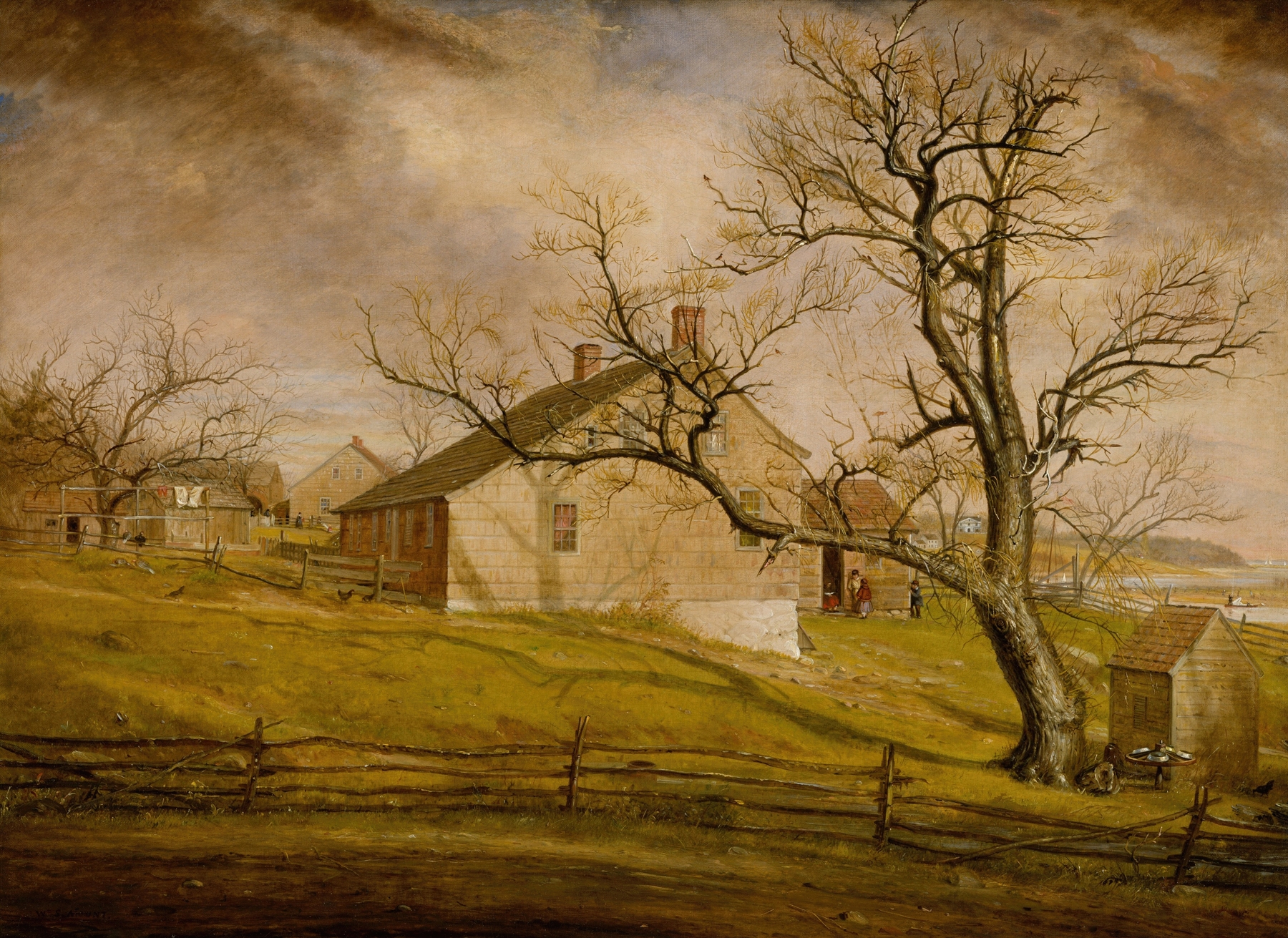 Long Island Farmhouses by William Sidney Mount, oil on canvas depicting two farmhouses in a tranquil landscape.