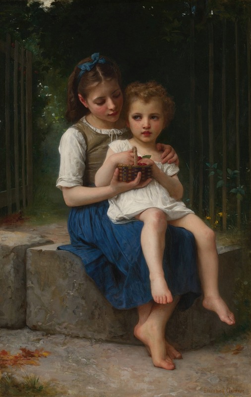 A portrait of a young girl tenderly holding a baby.