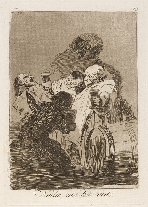 Francisco de Goya's painting 'Nadie nos ha visto' captures a moment of hidden figures in a dark setting.