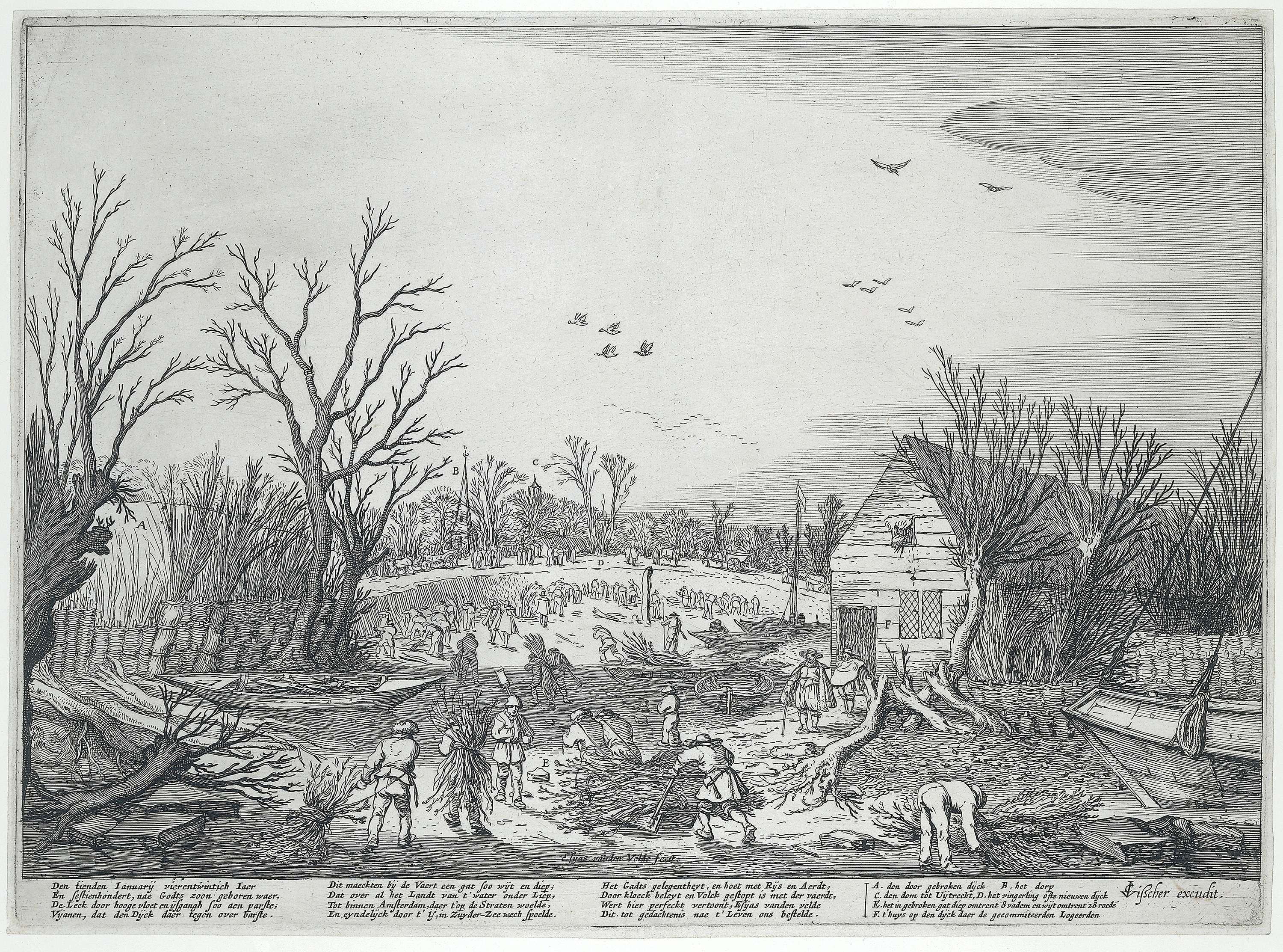 Herstelwerkzaamheden aan de doorgebroken Lekdijk bij 't Waal, by Esaias van de Velde, public domain