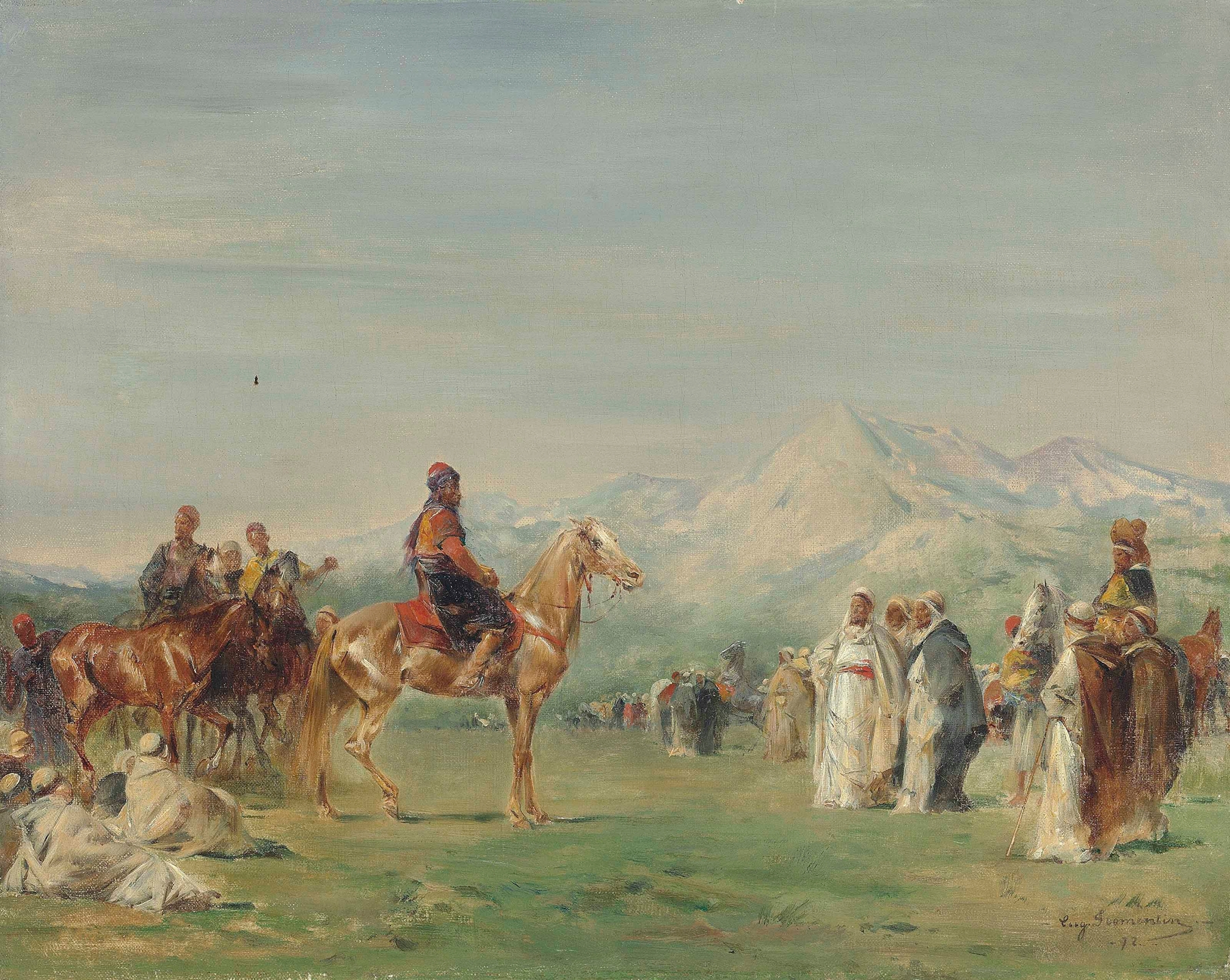 Campement arabe dans les montagnes de l’Atlas by Eugène Fromentin, oil painting depicting mountains and tents.