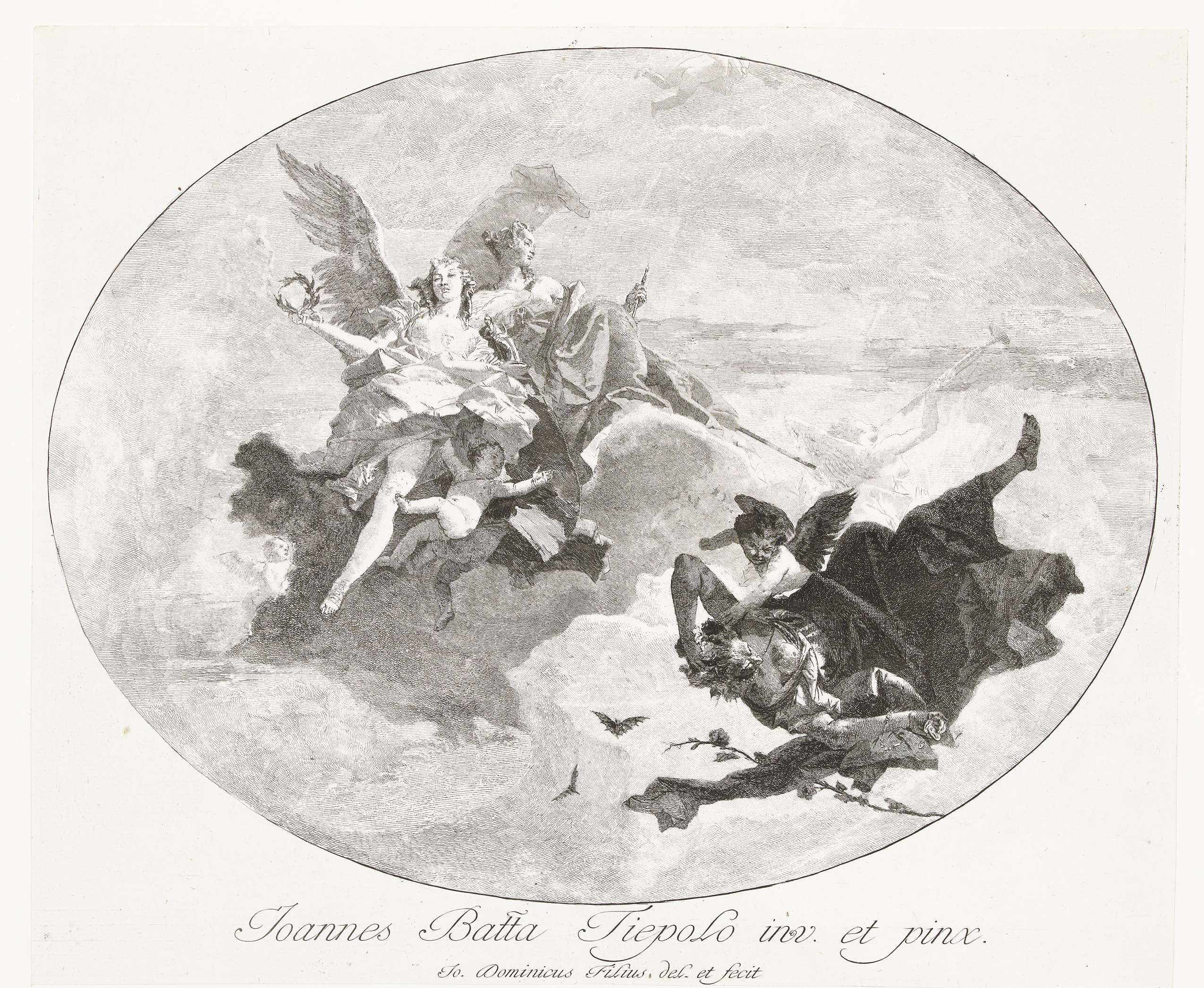 Deugd en Faam verjagen Gierigheid, by Giovanni Domenico Tiepolo, public domain