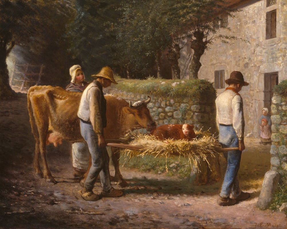 A painting depicting peasants bringing home a newborn calf in a rural setting.