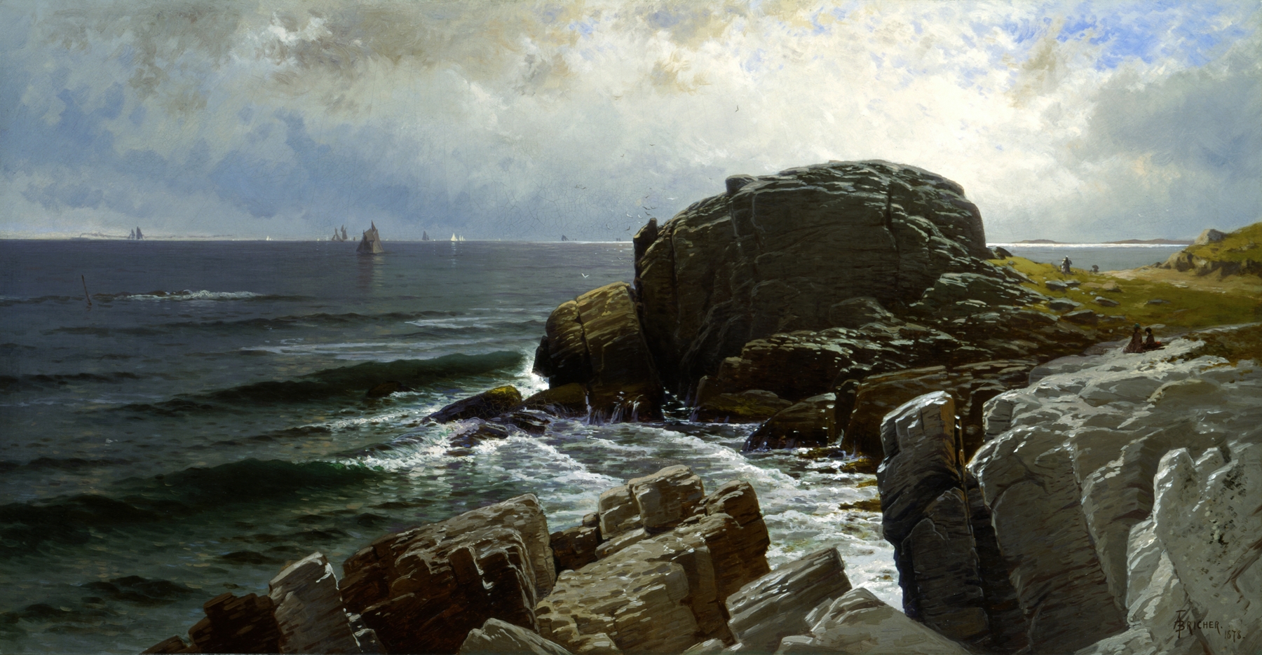 Castle Rock, Marblehead by Alfred Thompson Bricher, oil painting depicting a sunset over water.