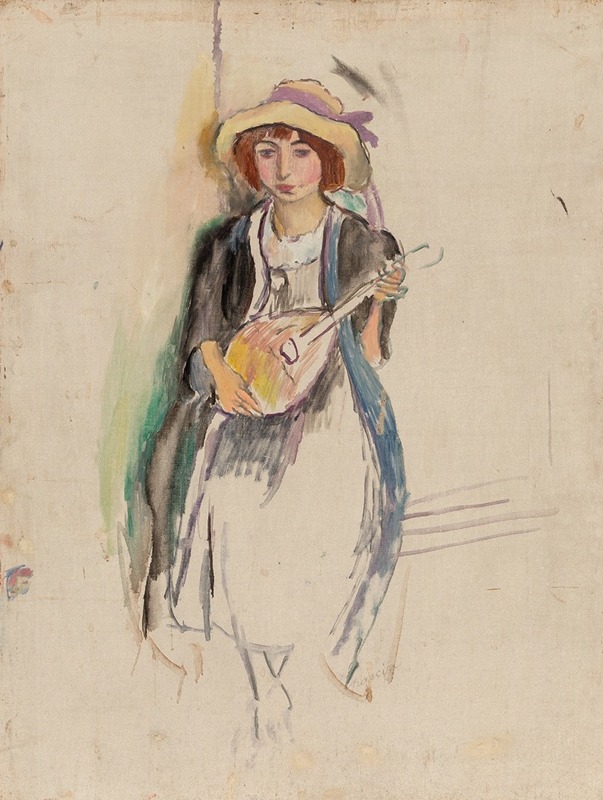 A young woman playing a mandolin, showcasing the charm of early 20th-century portraiture.