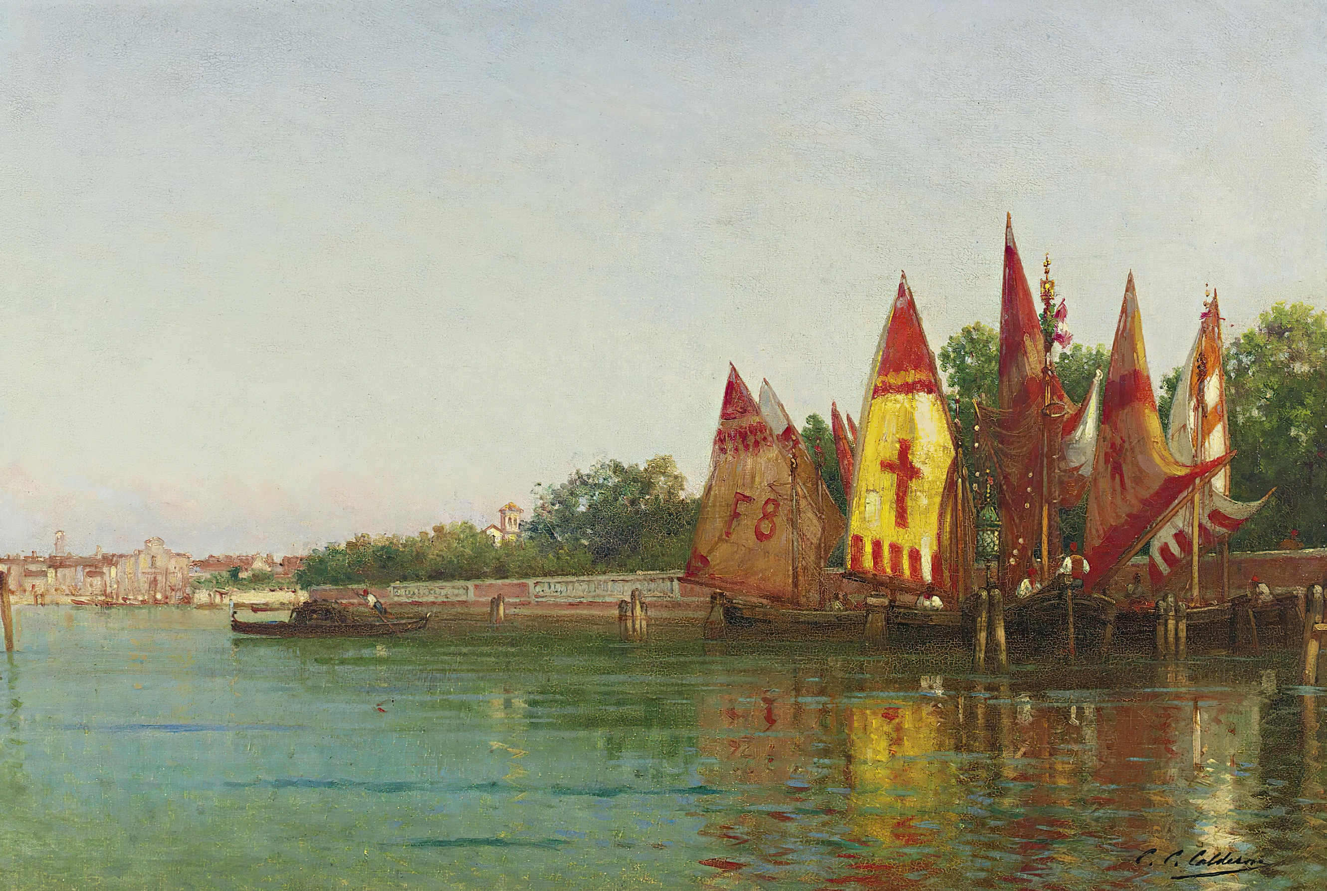 Sailboats in the Venetian lagoon, oil painting by Charles Clement Calderon