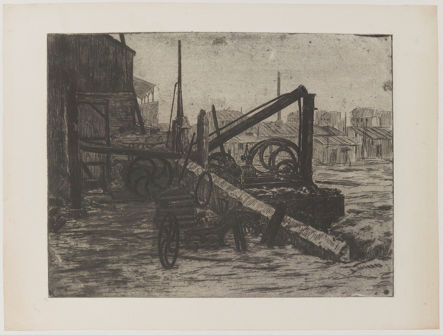 Engraving by Henri-Charles Guérard depicting a factory silhouette against a somber sky.