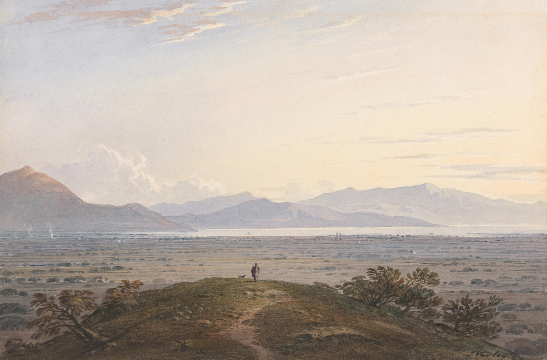 The Plains of Marathon, watercolor on paper by John Varley, depicting rolling hills under a vast sky.