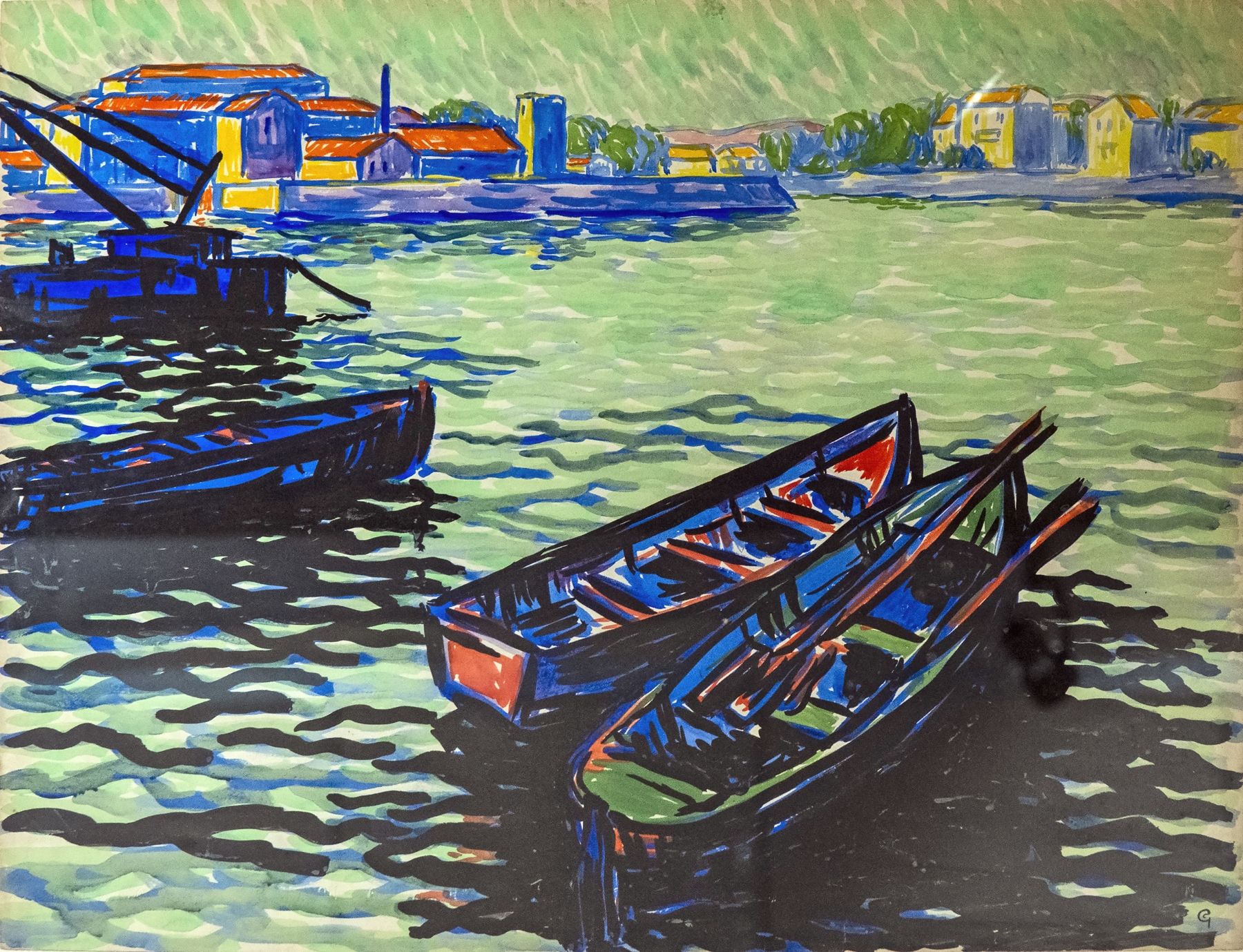 Boats at the Bazacle in Toulouse by Georges Gaudion, Impressionism, depicting boats on a tranquil river.