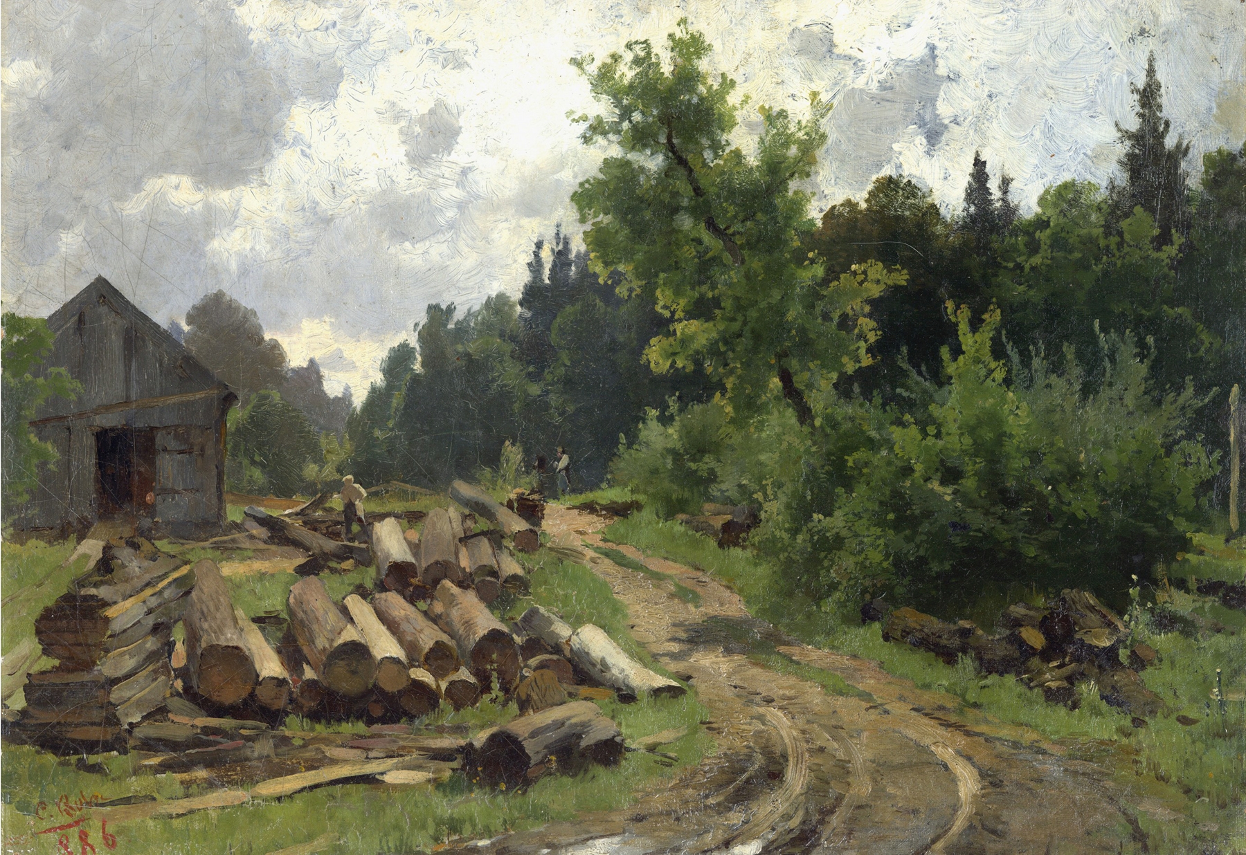 Landscape with stacked logs and soft light, oil on canvas by Carl Bolze