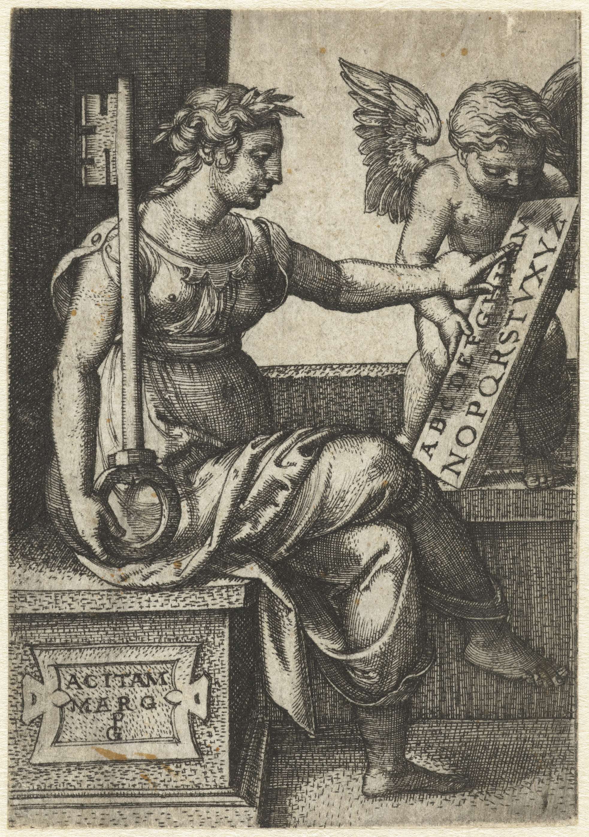 Engraving by Georg Pencz depicting a woman reading a book, immersed in thought.