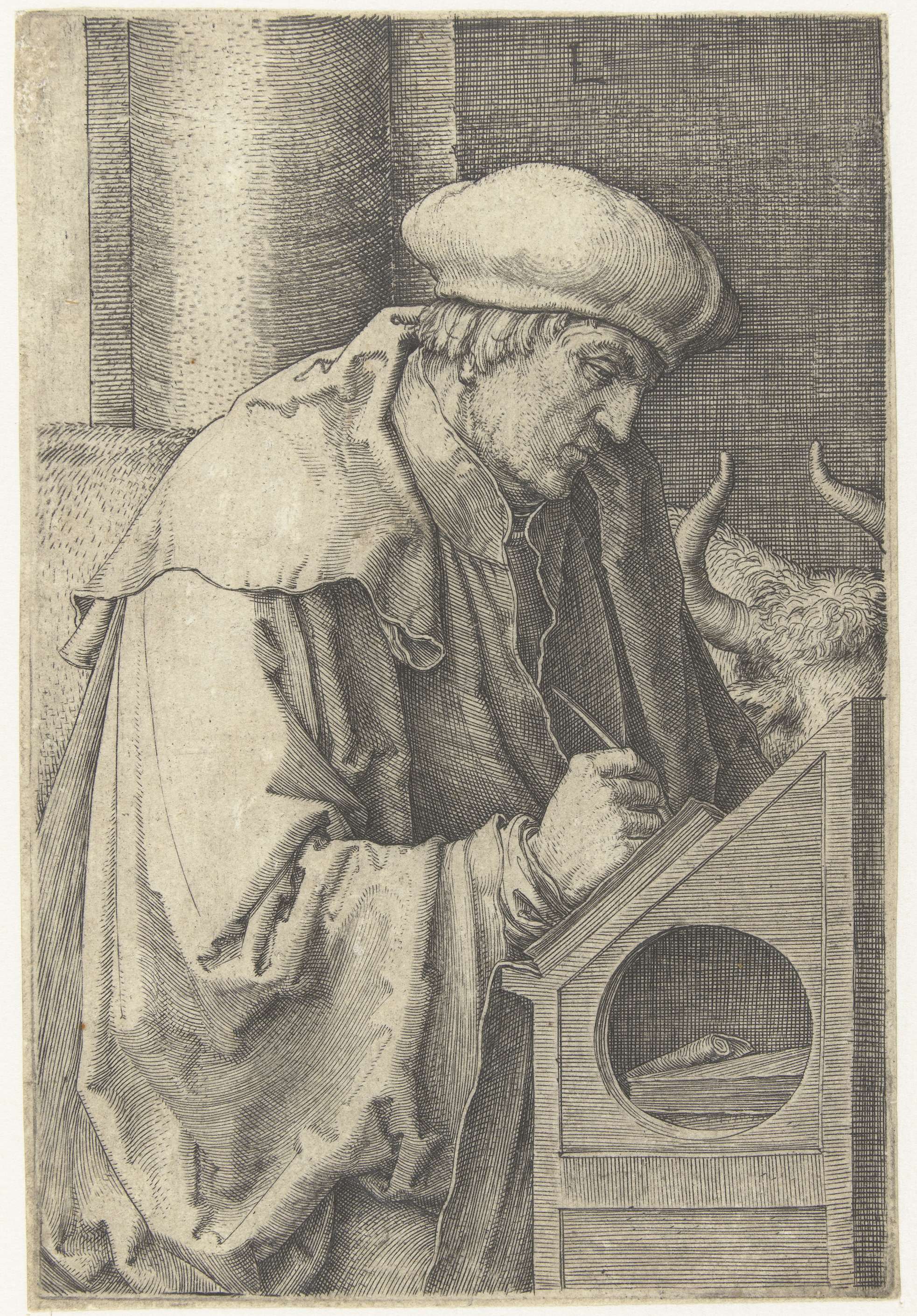 Engraving by Lucas van Leyden depicting Saint Luke with a quill and an unwritten page.