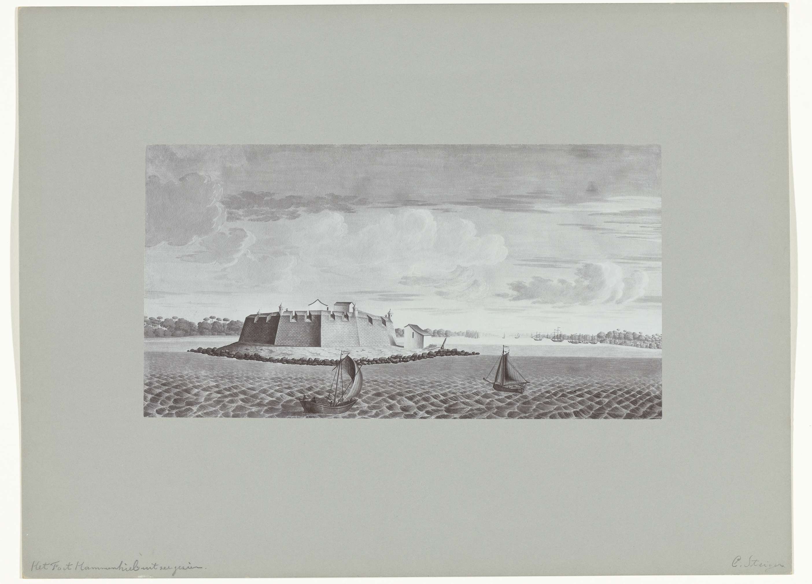 Marine scene depicting a fortress at sunset, paper by Hübner & Van Santen Roeloffzen