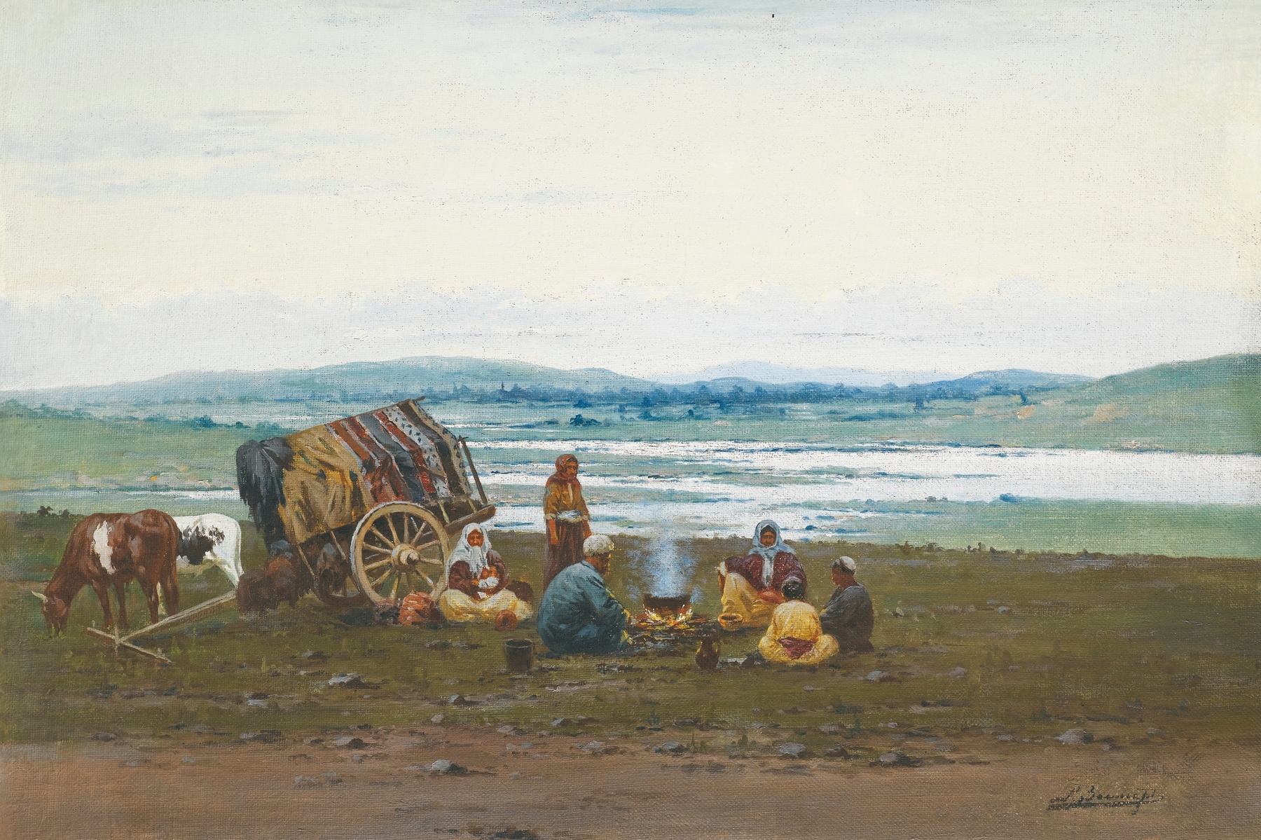 Figurative scene of figures gathered at a camp by Richard Karlovich Zommer