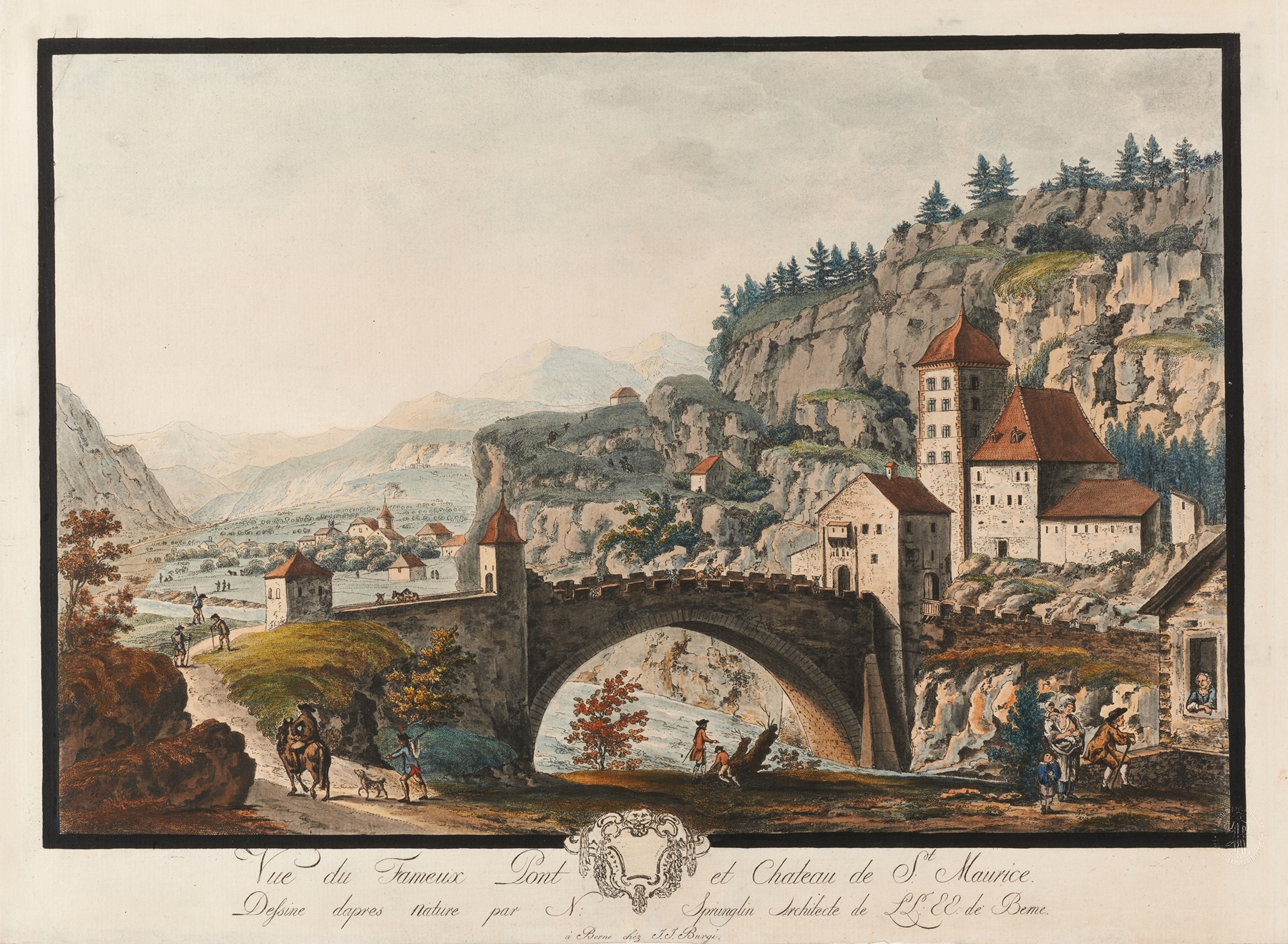 Vue du Fameux Pont et Chateau de St. Maurice by Niklaus Sprüngli, oil painting depicting a bridge over a river.