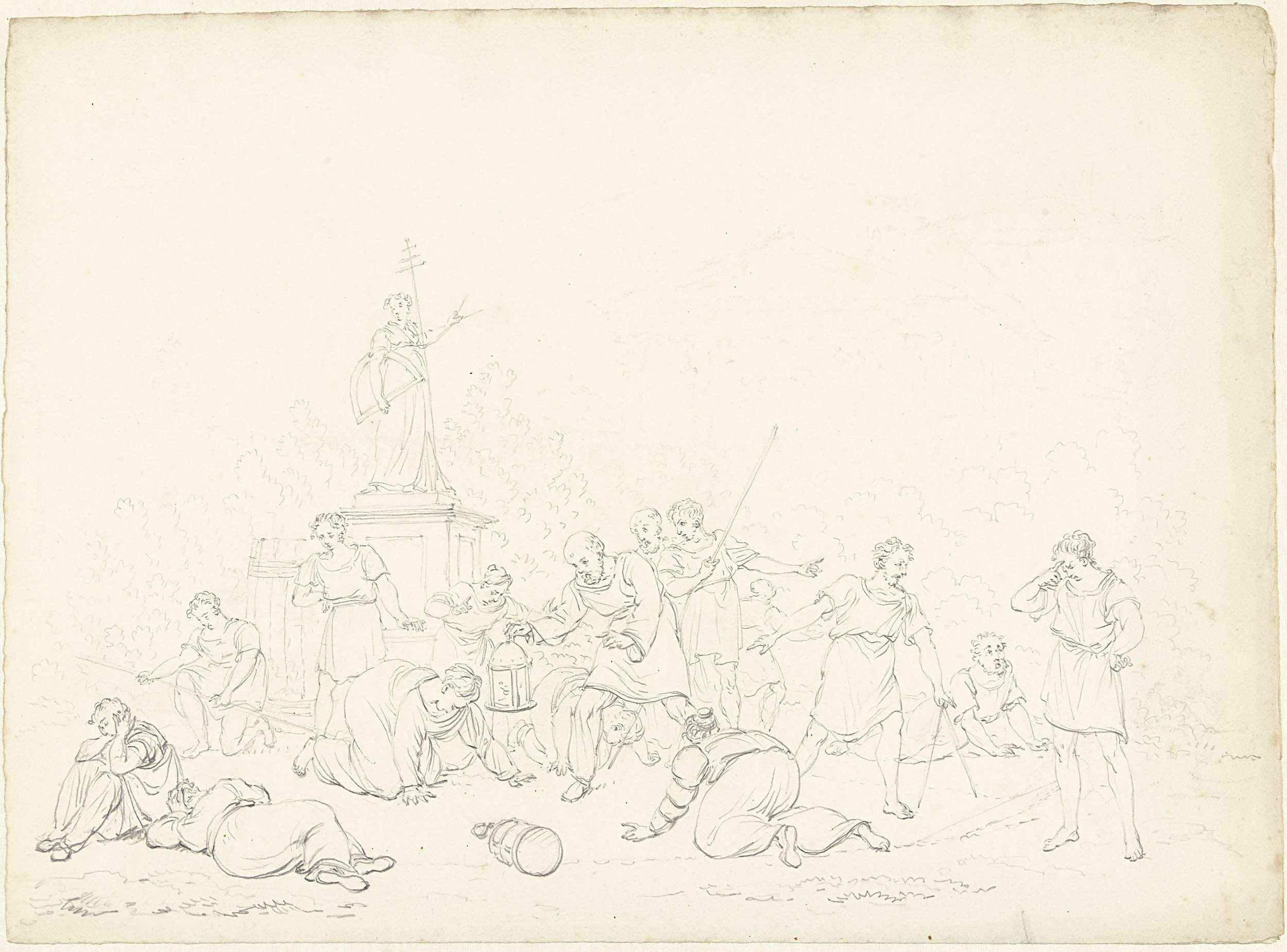 Diogenes searching for a man with a lantern, paper drawing by Pieter Bartholomeusz. Barbiers